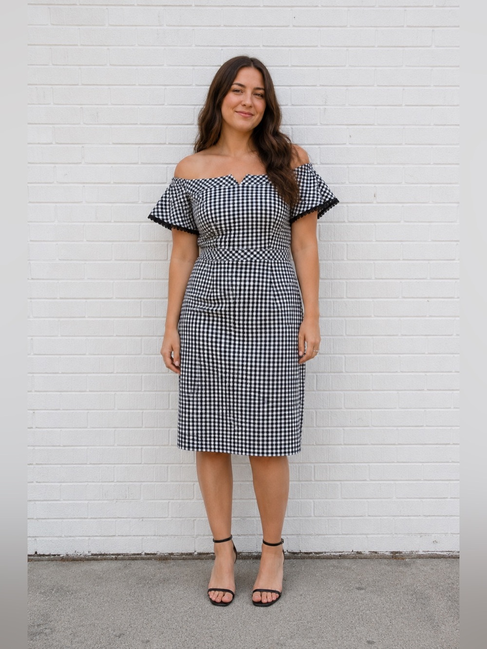 Nanette Lepore Gingham Off Shoulder Rockabilly Pin Up Wiggle Dress Retro Size 14